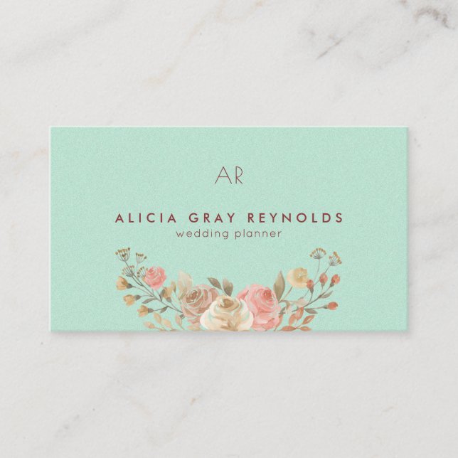 Carte De Visite Wedding planner floral Monogramme de menthe (Devant)