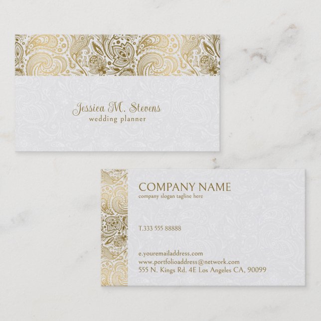 Carte De Visite Wedding planner Floral Or Et Blanc Paisley (Devant / Derrière)