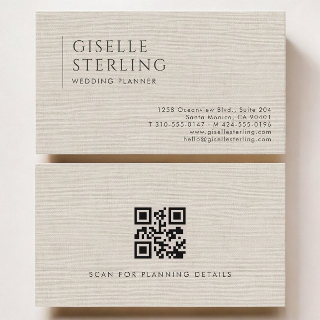 Carte De Visite Wedding Planner Luxury Neutral Linen QR Code (Créateur téléchargé)
