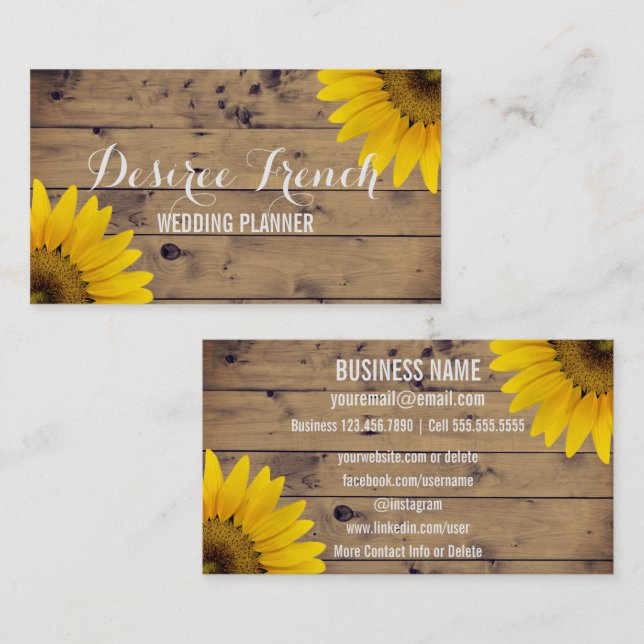 Carte De Visite Wedding planner rustique social de tournesols des (Devant / Derrière)