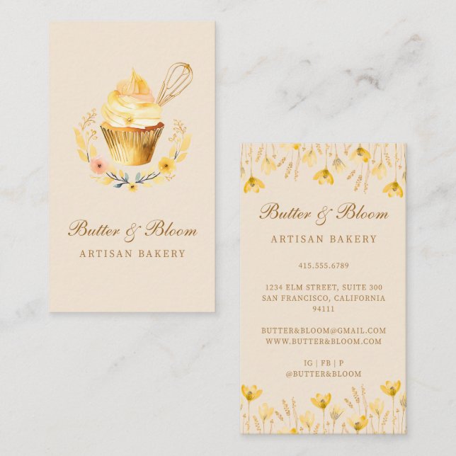Carte De Visite Whisk d'or & Cupcake, boulangerie Chef traiteur (Devant / Derrière)