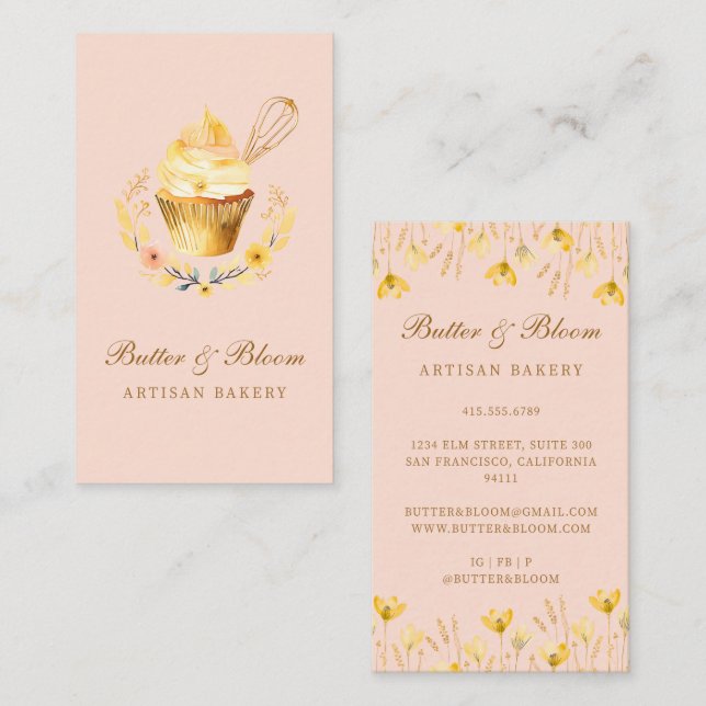 Carte De Visite Whisk d'or & Cupcake, boulangerie Chef traiteur (Devant / Derrière)