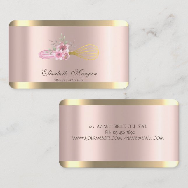 Carte De Visite Whisk Flowers Gold Stripe Rose Or Boulangerie (Devant / Derrière)