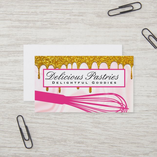 Carte De Visite Whisk rose | Parties scintillant d'or (Devant/Arrière en situation)