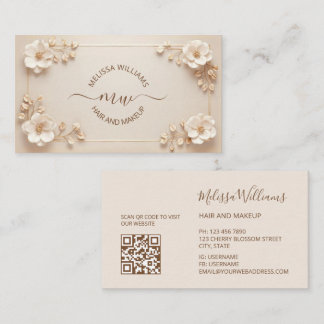 Carte De Visite White Beige 3D Flowers Initials