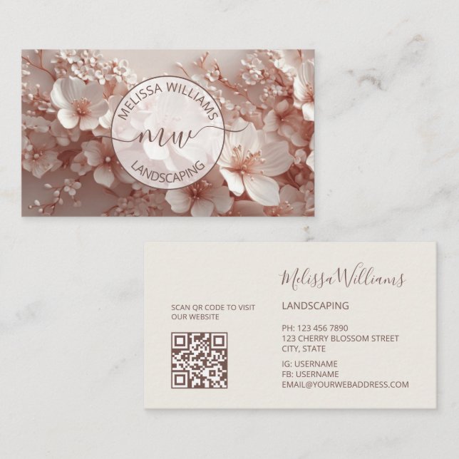 Carte De Visite White Blush 3D Flowers Logo Initials (Devant / Derrière)