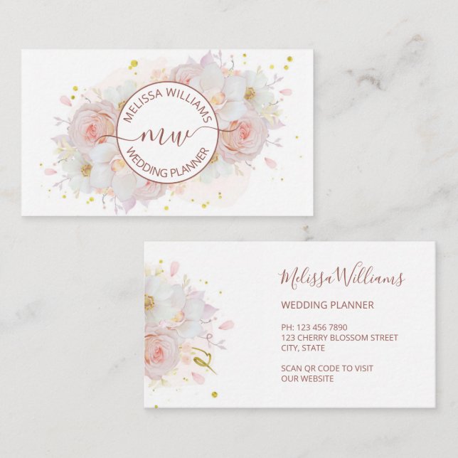 Carte De Visite White Blush Flowers Logo Initials (Devant / Derrière)