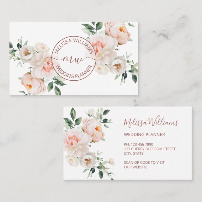 Carte De Visite White Blush Flowers Logo Initials (Devant / Derrière)