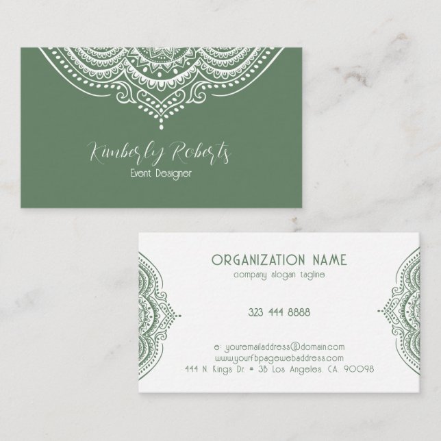Carte De Visite White Lace Paisley Mandala sur Olive Green Busines (Devant / Derrière)