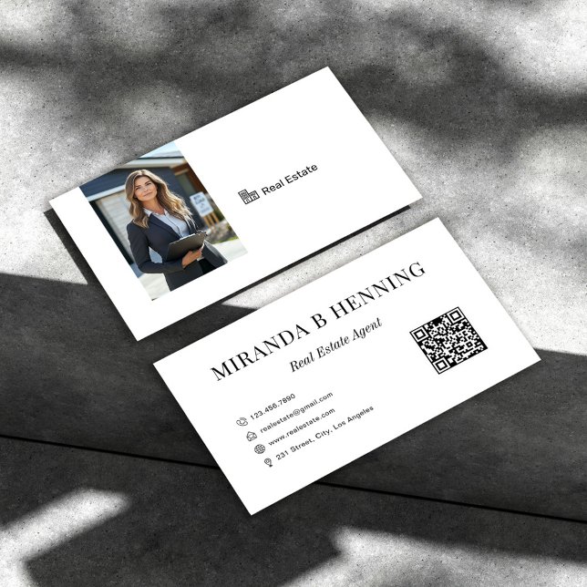 Carte De Visite White Professional Real Estate Agent Photo QR Code (Créateur téléchargé)
