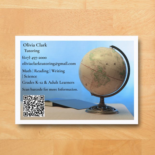 Carte De Visite White QR Code Tutor Teacher Globe & Book Classroom (White Globe  Business Card for Teacher )