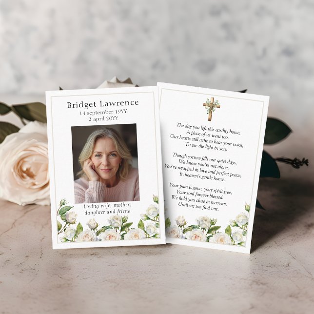 Carte De Visite White Roses Memorial Photo Prayer Card (Créateur téléchargé)