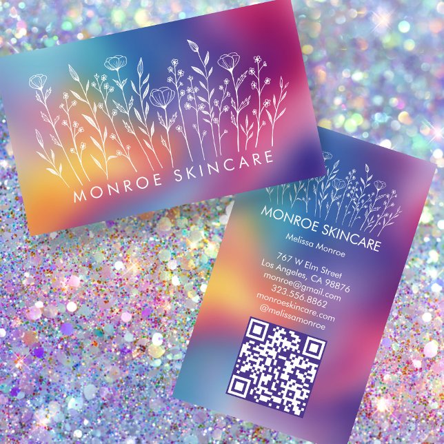 Carte De Visite Wildflowers Elegant LineArt Custom QR Code Rainbow (Wildflowers Elegant LineArt Custom QR Code Rainbow Business Card
)