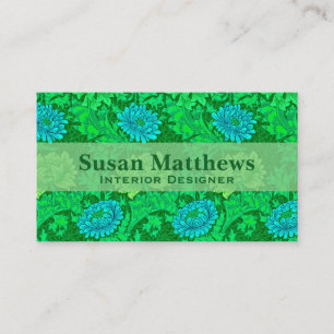 Carte De Visite William Morris Chrysanthemums, Lime Green & Aqua