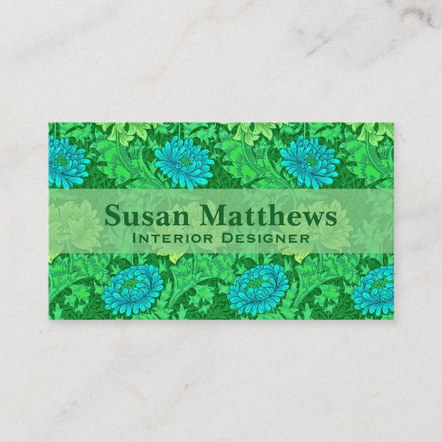 Carte De Visite William Morris Chrysanthemums, Lime Green & Aqua (Devant)