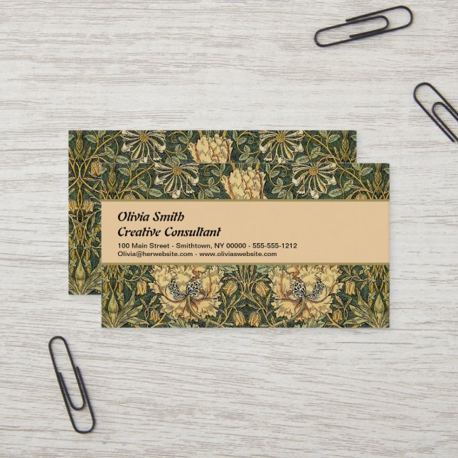 Carte De Visite William Morris Honeysuckle Vert Floral (Devant/Arrière en situation)