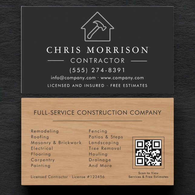 Carte De Visite Wood Building Construction Black Silver QR Code (Créateur téléchargé)