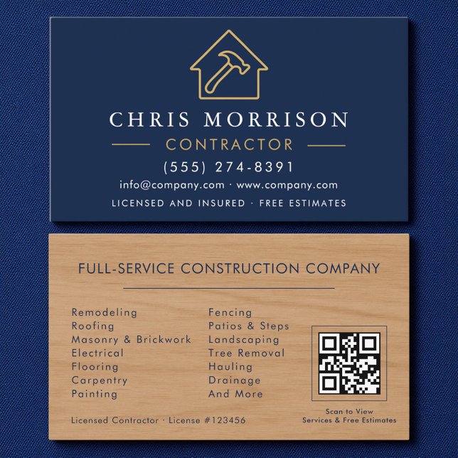 Carte De Visite Wood Building Construction Navy Blue Gold QR Code (Créateur téléchargé)
