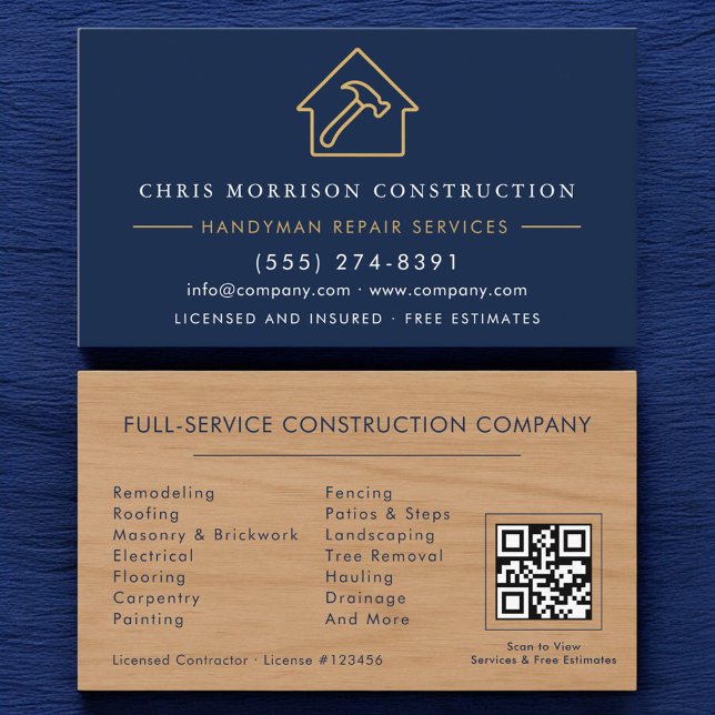 Carte De Visite Wood Handyman Construction Navy Blue Gold QR Code (Créateur téléchargé)