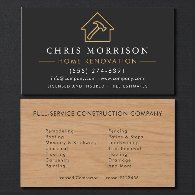 Carte De Visite Wood Home Improvement Black Gold QR Code (Créateur téléchargé)