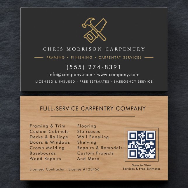 Carte De Visite Wood QR Code Carpentry Carpenter Service (Créateur téléchargé)