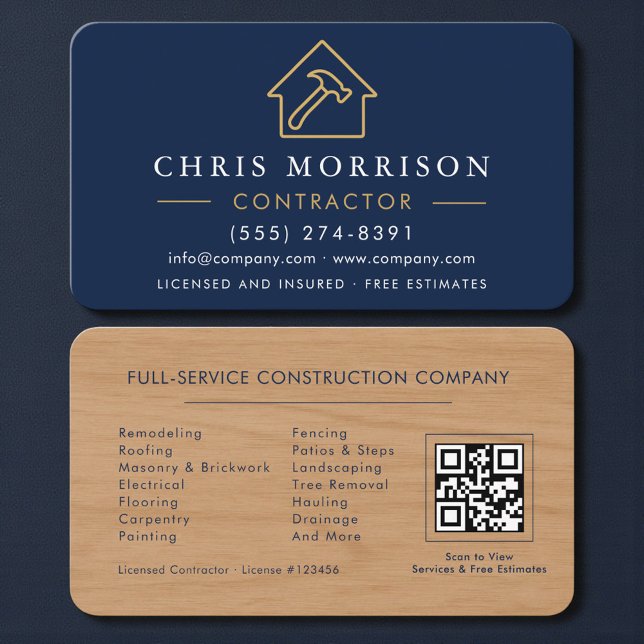 Carte De Visite Wood Texture Navy Blue Contractor QR Code (Créateur téléchargé)