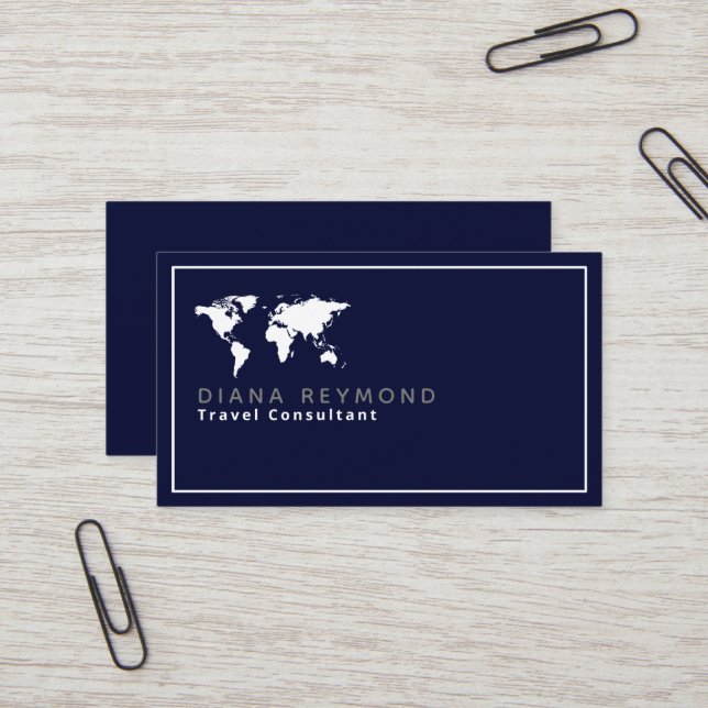 Carte De Visite World Map Travel Consultant en bleu foncé (Devant/Arrière en situation)