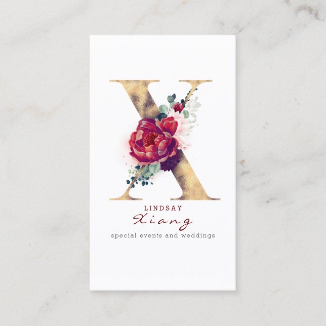 Carte De Visite X Monogramme Bourgogne Fleurs rouges et Parties sc (Devant)