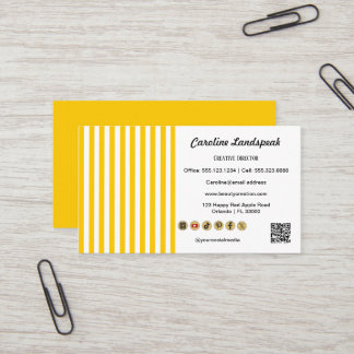 Carte De Visite Yellow White Stripes, QR Code & Social Media Icons