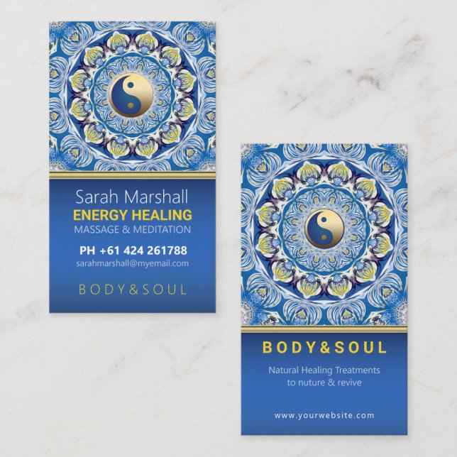 Carte De Visite Yin Yang Energy Healing bleu jaune Mandala (Devant / Derrière)