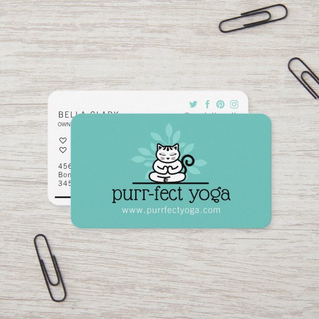 Carte De Visite Yoga holistique chat Méditant Pose de Yoga Turquoi (Devant/Arrière en situation)