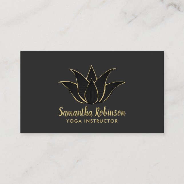 Carte De Visite Yoga Instructeur Black & Gold Lotus Spa Salon (Devant)