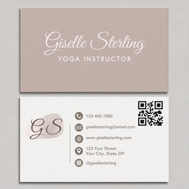Carte De Visite Yoga Instructeur Blush Mauve Elegant QR Code (Créateur téléchargé)