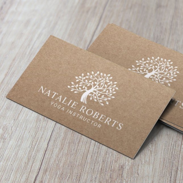 Carte De Visite Yoga Instructeur Vintage arbre Logo Rustique Kraft (Créateur téléchargé)