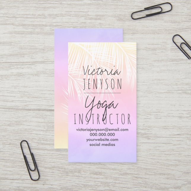 Carte De Visite Yoga jaune rose de coucher du soleil d'aquarelle (Devant/Arrière en situation)