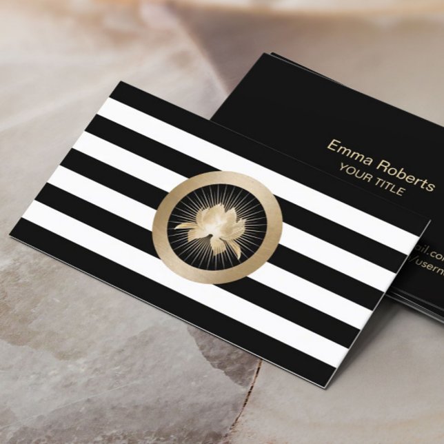 Carte De Visite Yoga Modern Gold Lotus Logo Stripes Noir & Blanc (Créateur téléchargé)