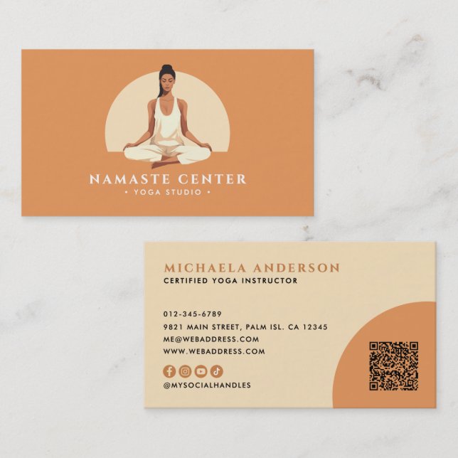 Carte De Visite Yoga moderne/Mindfulness Lotus Pose Socials QR Cod (Devant / Derrière)