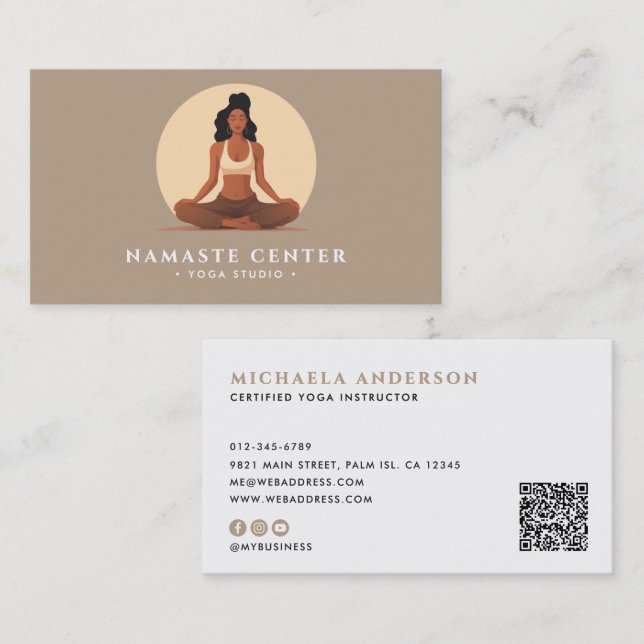 Carte De Visite Yoga moderne / Wellness Lotus Pose Socials Code QR (Devant / Derrière)