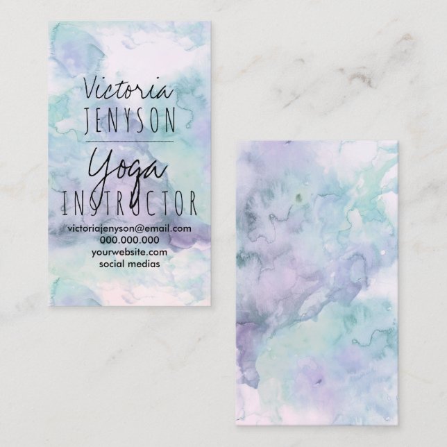 Carte De Visite Yoga pourpre d'aquarelle de turquoise de lavande (Devant / Derrière)