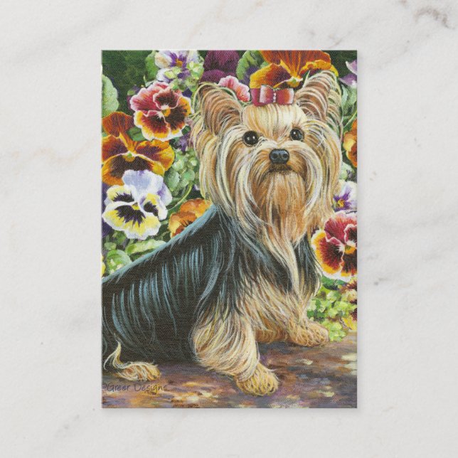 Carte De Visite Yorkshire Terrier & Pansies Peinture (Devant)