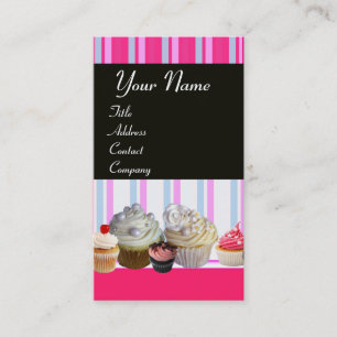 CARTE DE VISITE YUMMY CUPCAKES DESERT SHOP BLEU BLANC STRIPES ROSE