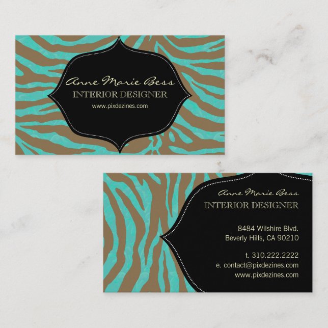Carte De Visite Zèbre + Damas turquoise (Devant / Derrière)