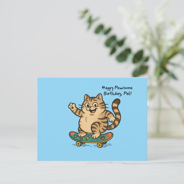 Carte de vœu d'anniversaire Chat roux planche à ro (Debout devant)