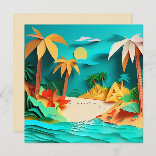 Carte de voeux 3D Papercraft Tropical Beach Blank (Devant / Derrière)