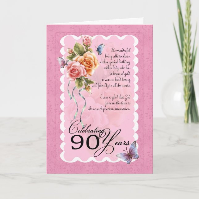 Carte de voeux 90e anniversaire - roses et papillo (Devant)
