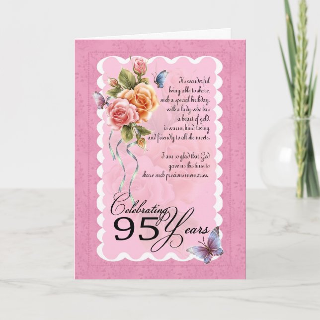 Carte de voeux 95 ans - roses et papillons (Devant)