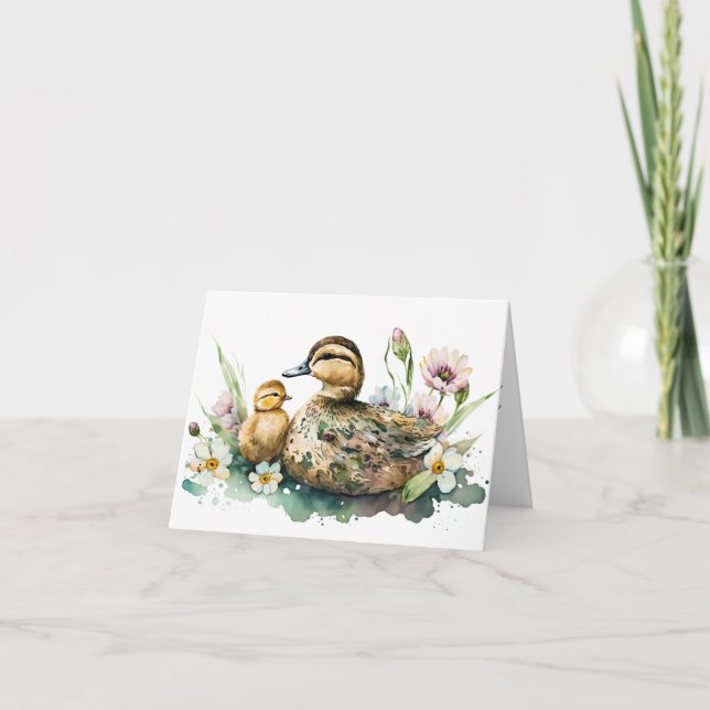 Carte de vœux à l'aquarelle de la mère cane et du  (Devant)