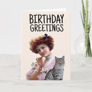 CARTE DE VŒUX ANCIENNE DAME VICTORIENNE AVEC CHAT