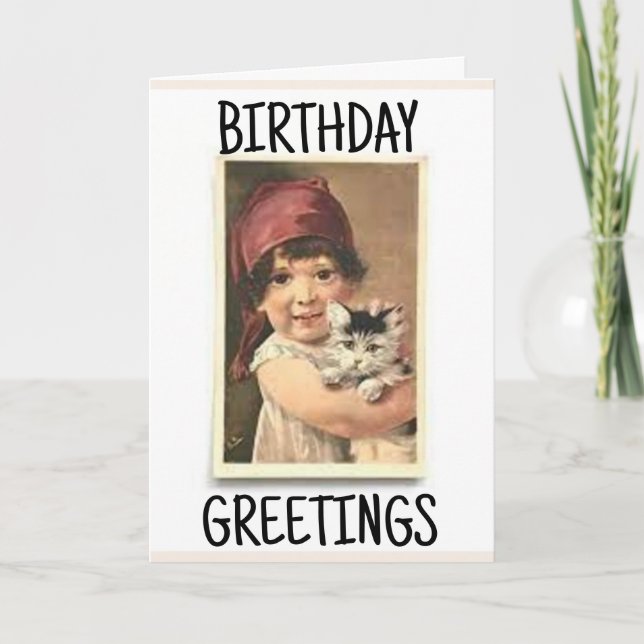 CARTE DE VŒUX ANCIENNE FILLE VICTORIENNE AVEC CHAT (Devant)