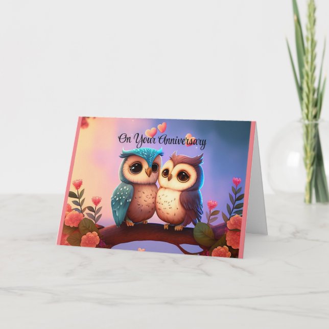 Carte de voeux Anniversaire de deux chouettes (Devant)